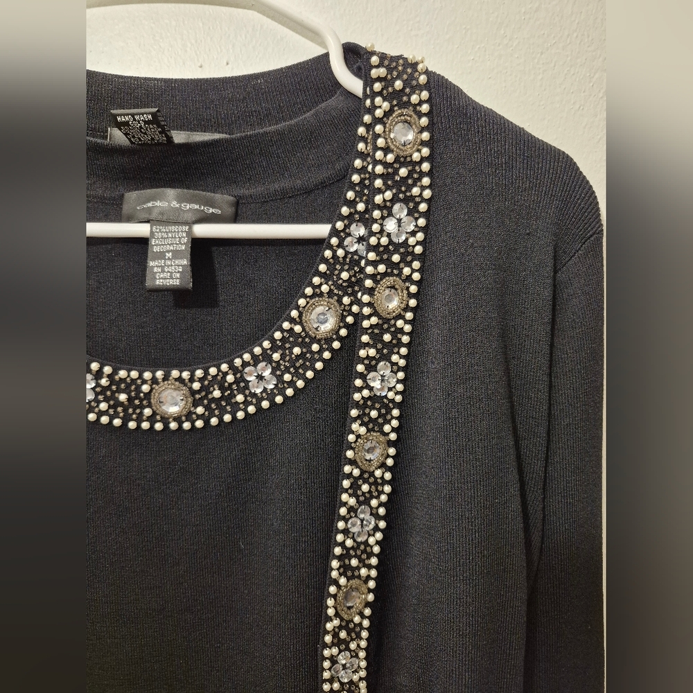 2 Piece Womens Black Embellished Top Medium Beads And Rhinestones
